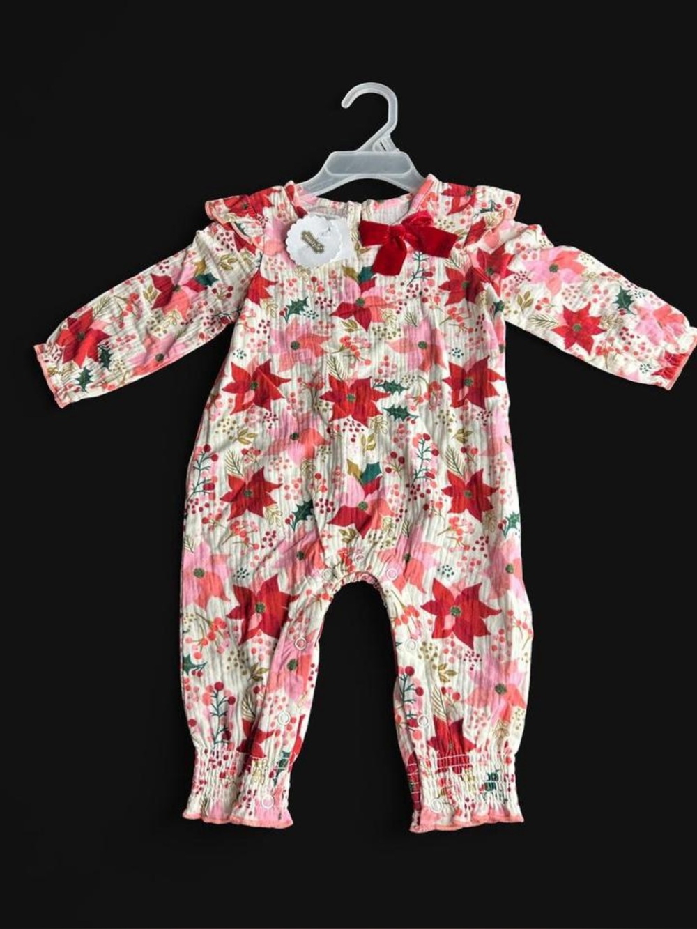 Mud Pie baby girl romper 1 piece Christmas Holiday festive red poinsettia flower